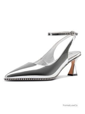 Women's Slingback Heels Beaded Pumps Ankle Strap Pointed Toe Kitten Heels